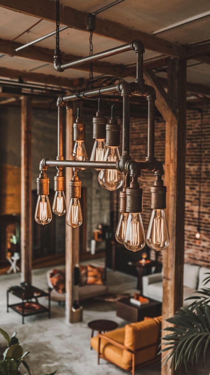 A pipe-based decorative ceiling light combining exposed metal fittings with warm filament bulbs.