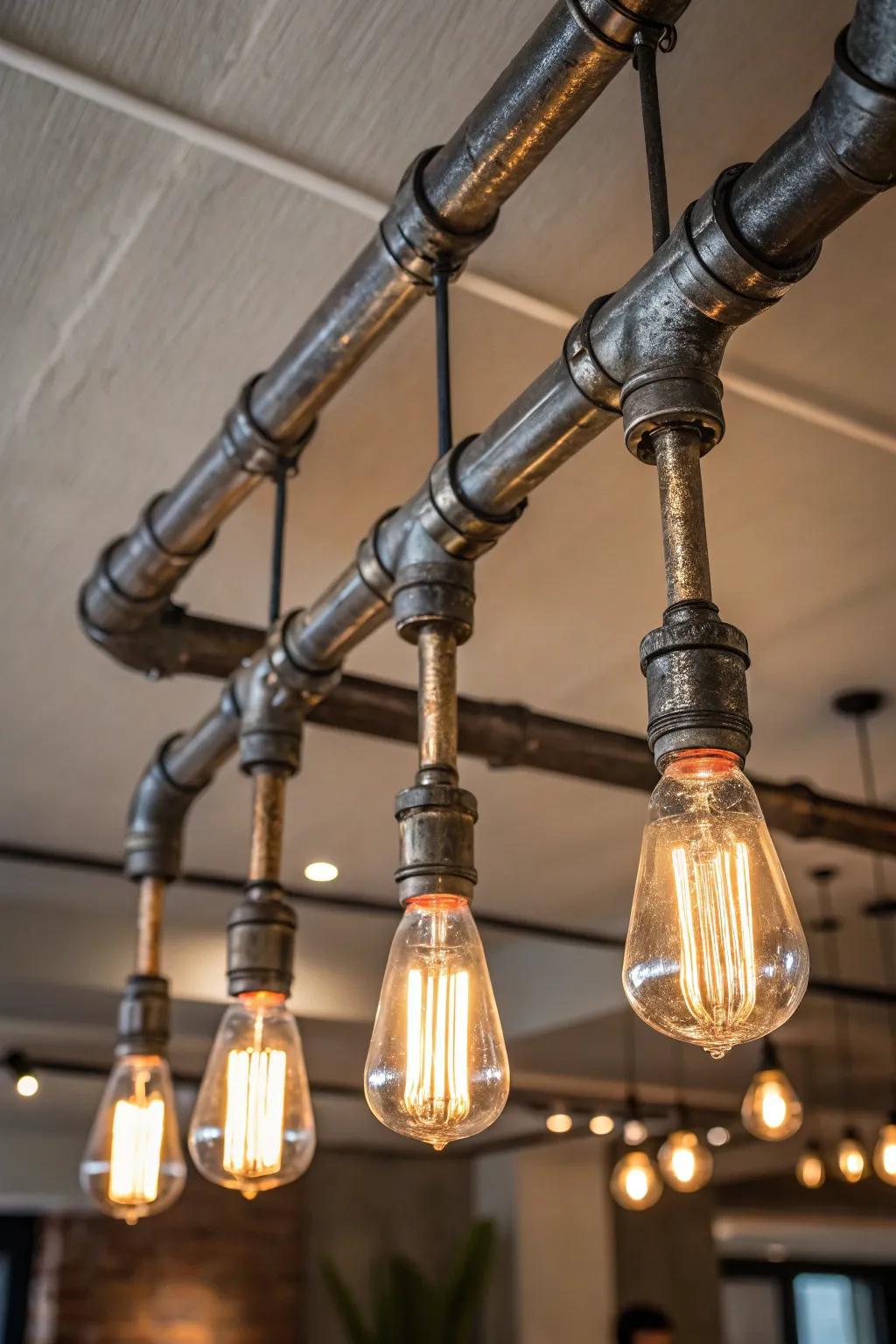 A pipe-based decorative ceiling light combining exposed metal fittings with warm filament bulbs.