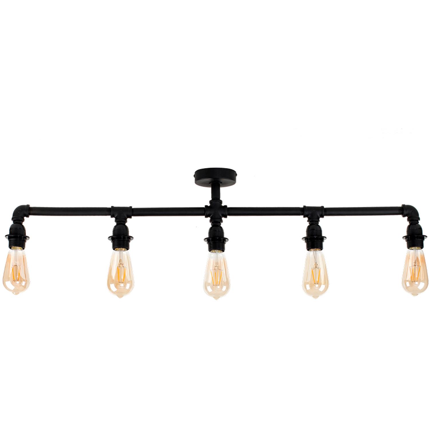 A pipe-based decorative ceiling light combining exposed metal fittings with warm filament bulbs.