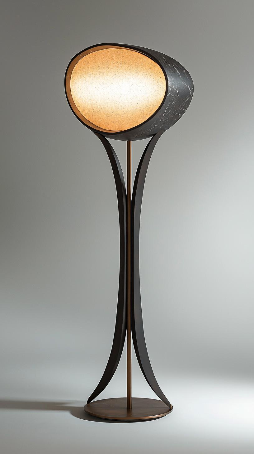 Front view of a sculptural floor lamp highlighting abstract geometry, elegant proportions and refined architectural detailing.