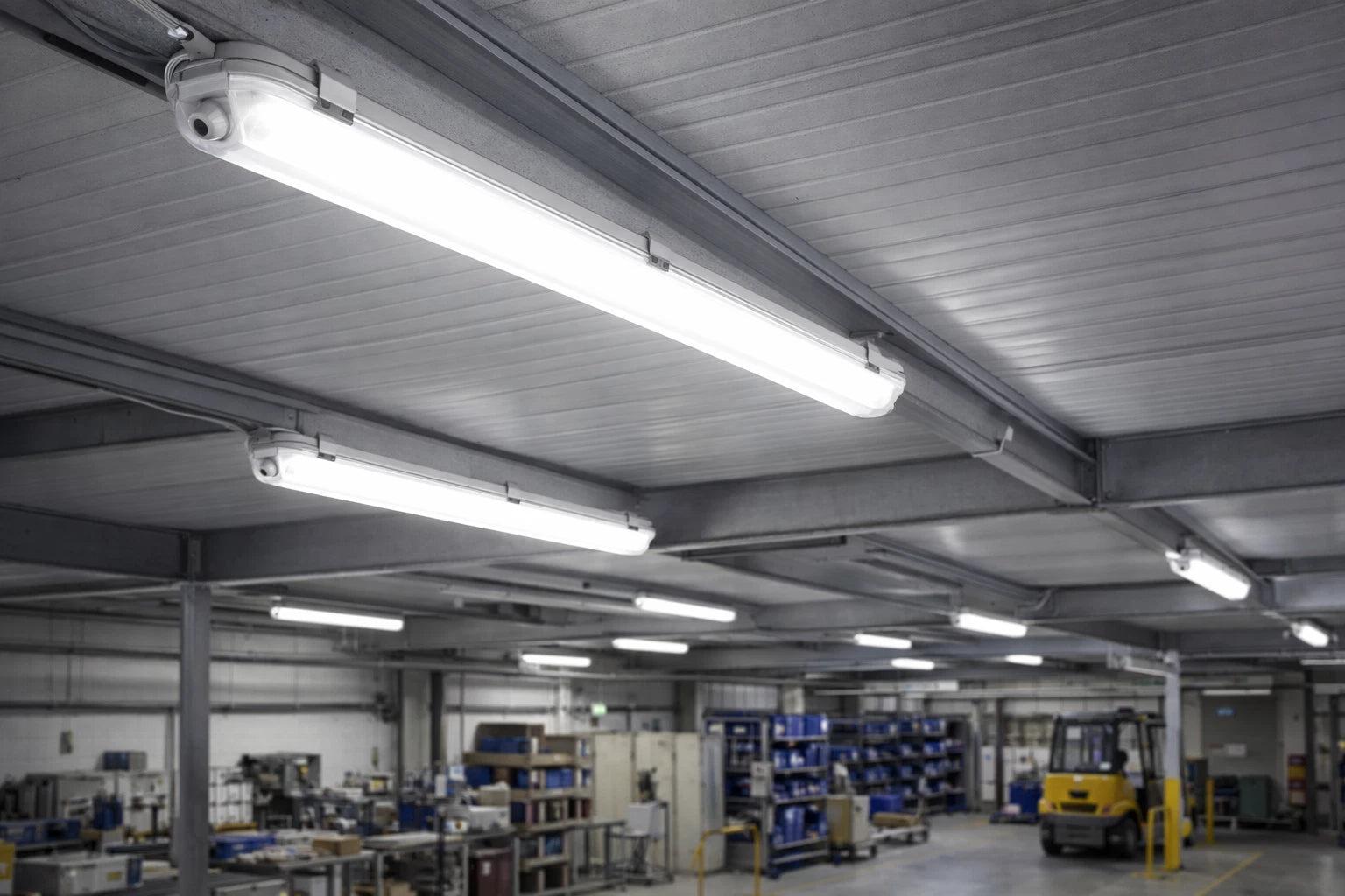 IP65 waterproof fixtures installed in a contemporary industrial environment.