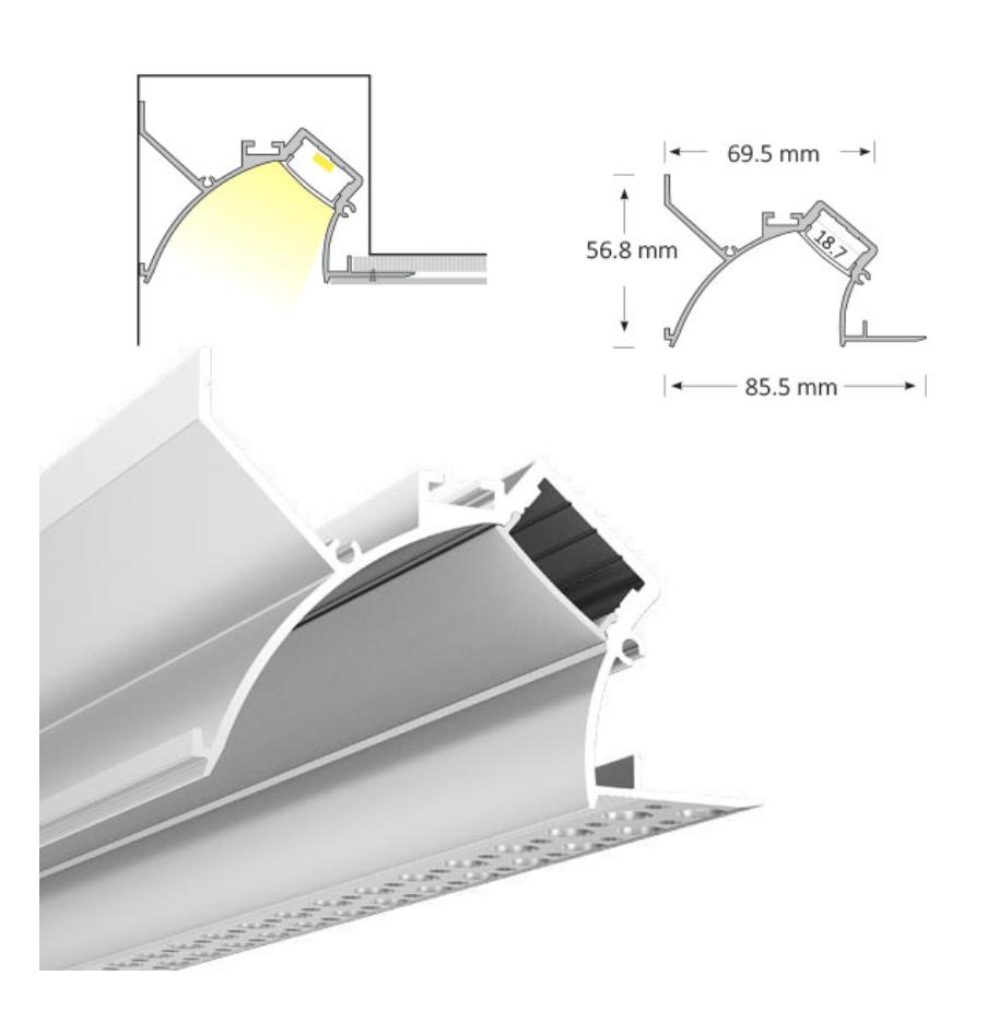 Front view of a floating ceiling cove profile.