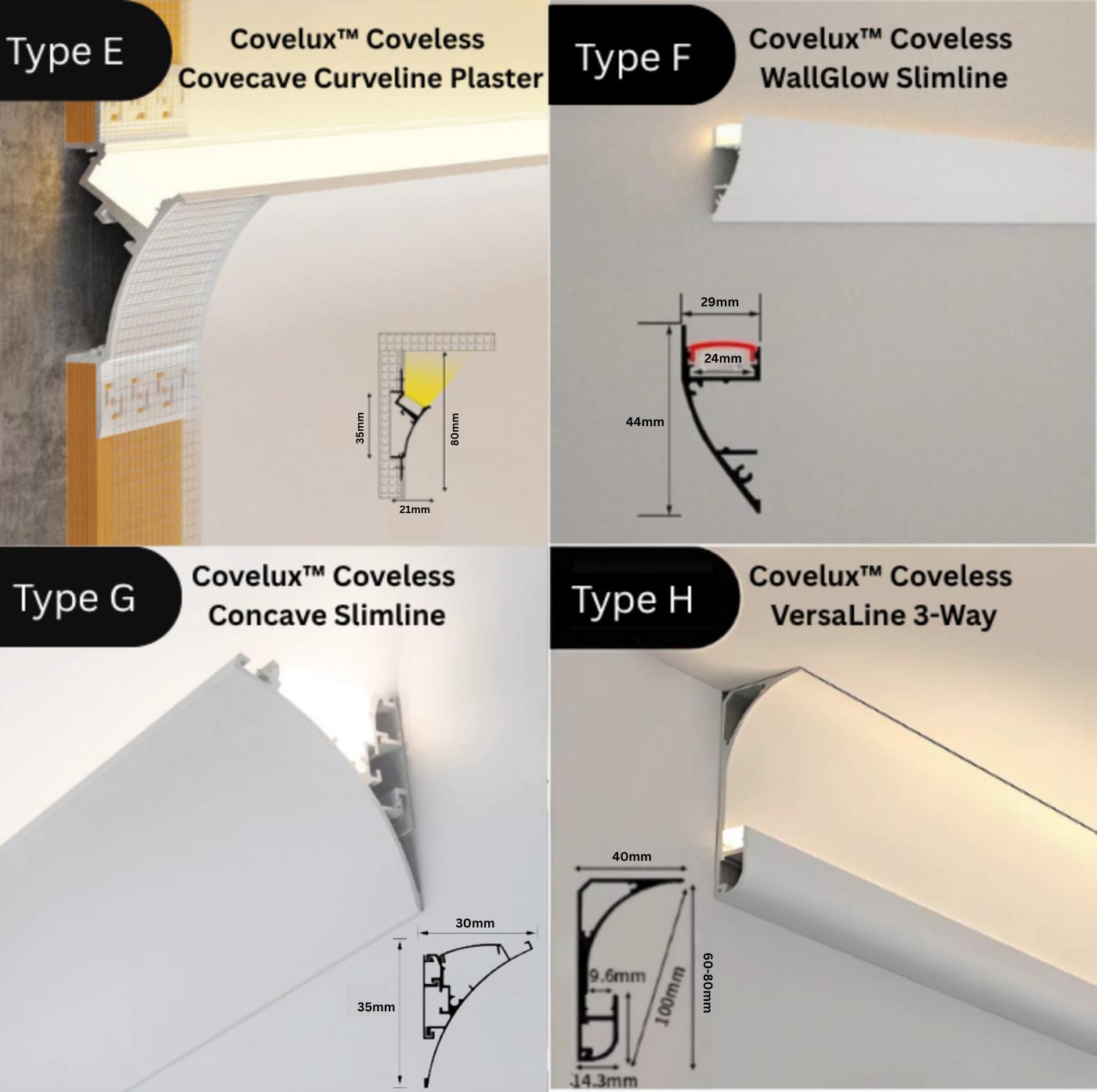 Floating ceiling cove lighting system with multiple profile dimensions and diffuser options.