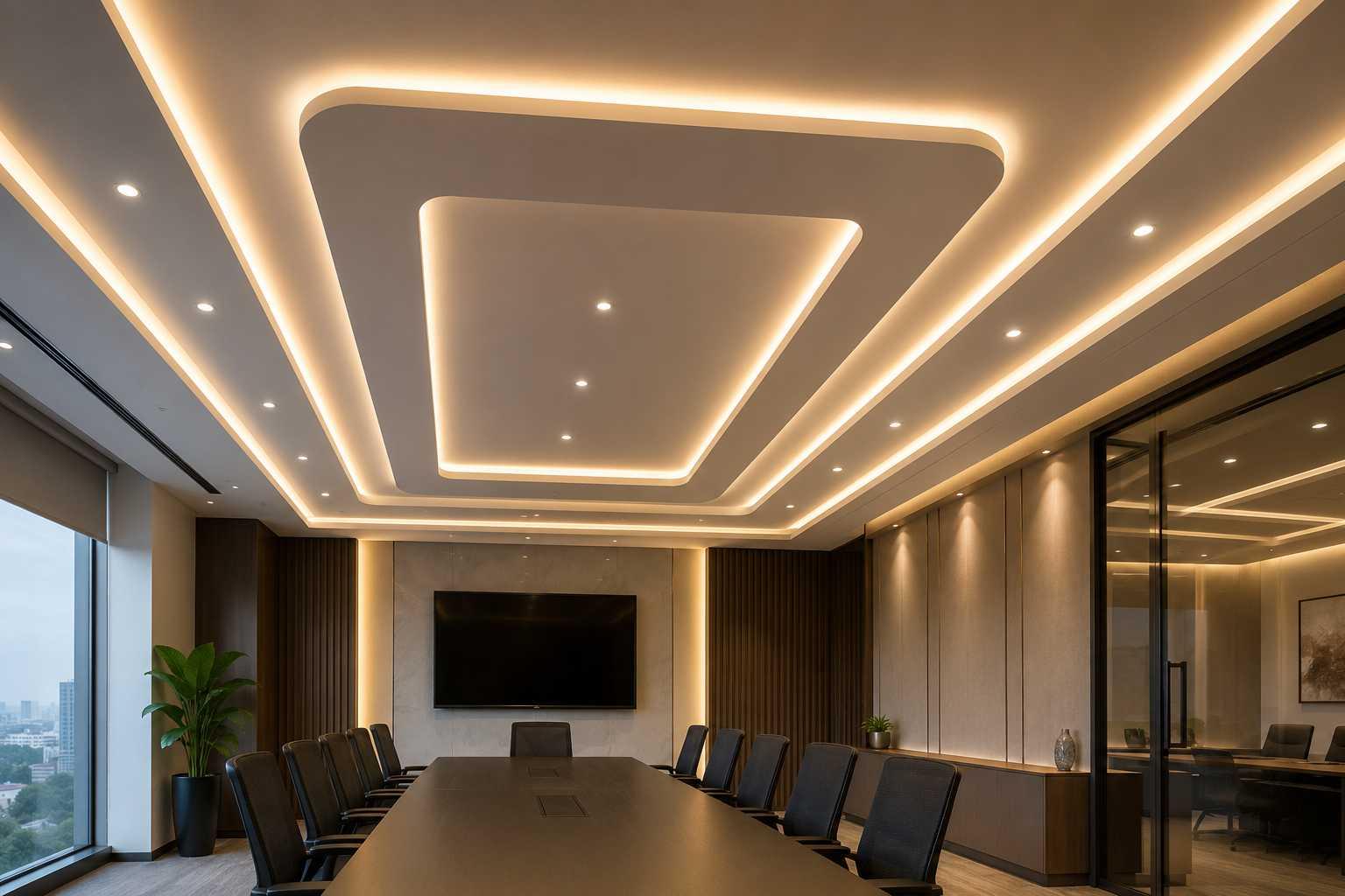 Floating ceiling cove lighting creating indirect illumination in a contemporary hospitality interior.