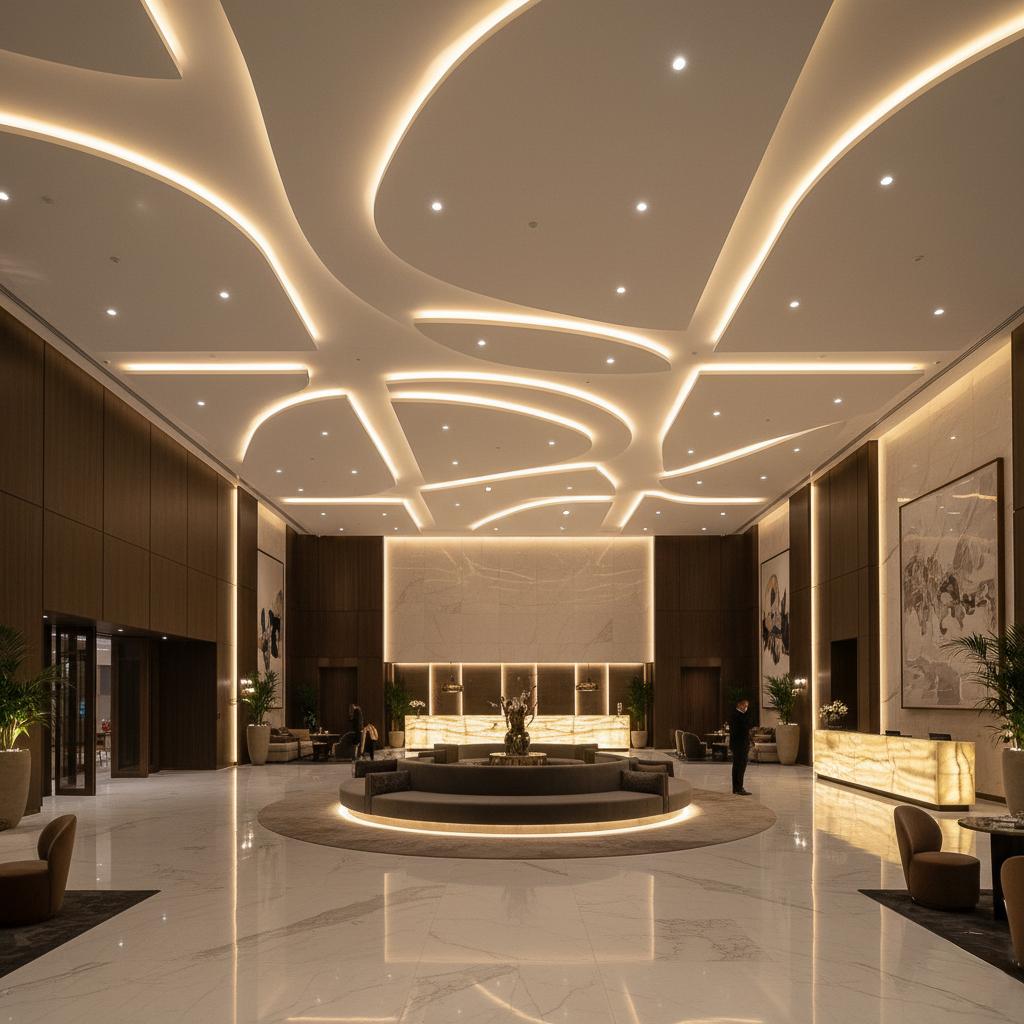 Floating ceiling cove lighting creating indirect illumination in a contemporary hospitality interior.