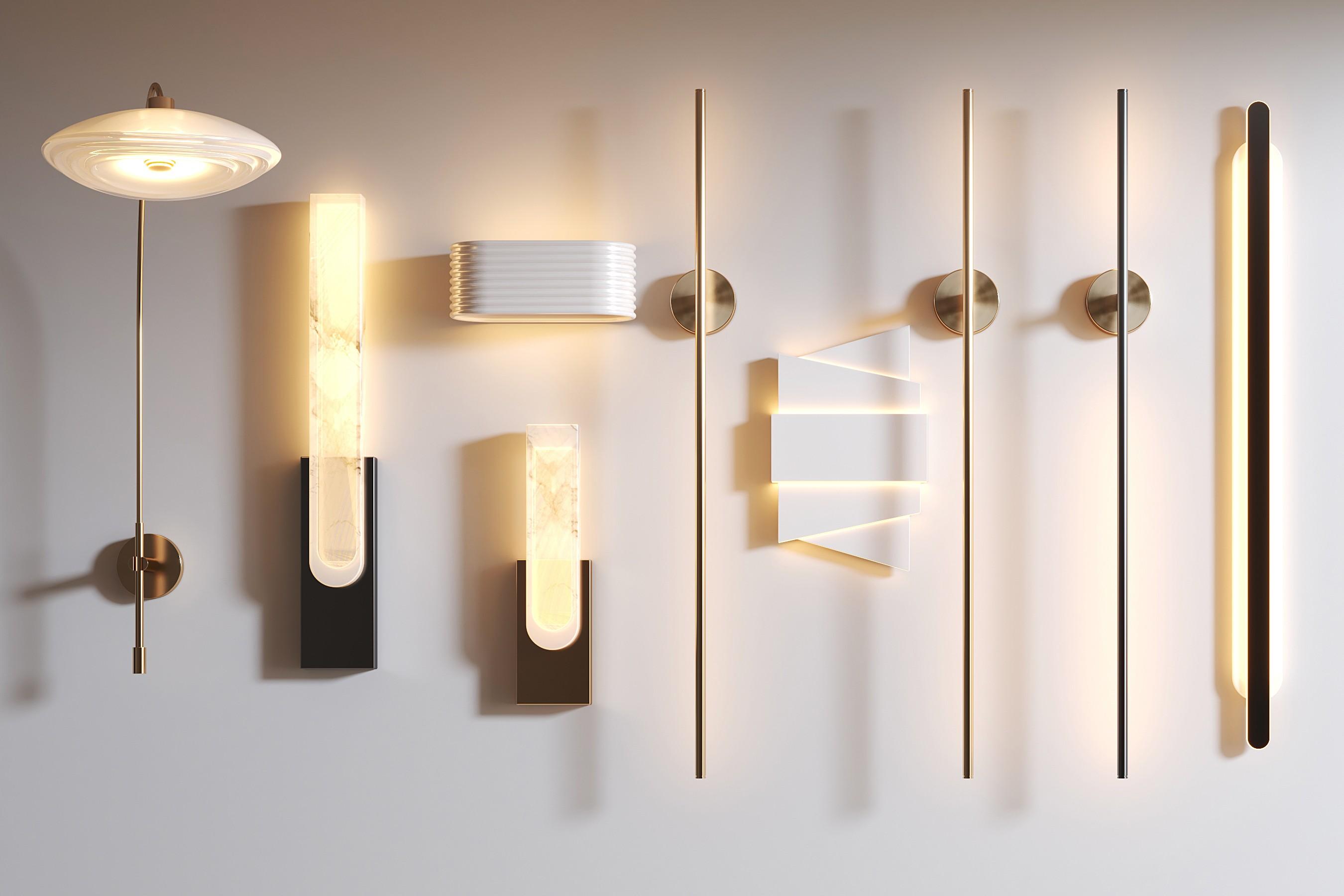 Modern wall lamp family featuring multiple finishes and contemporary designs.