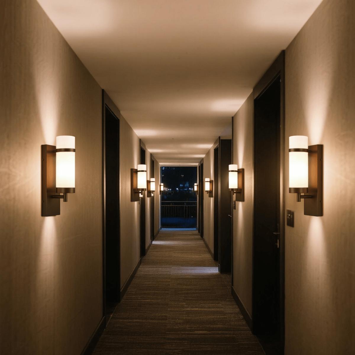 Modern wall lamp installed in a luxury hospitality interior with refined architectural detailing.