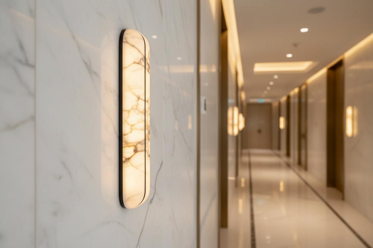 Modern wall lamp installed in a luxury hospitality interior with refined architectural detailing.