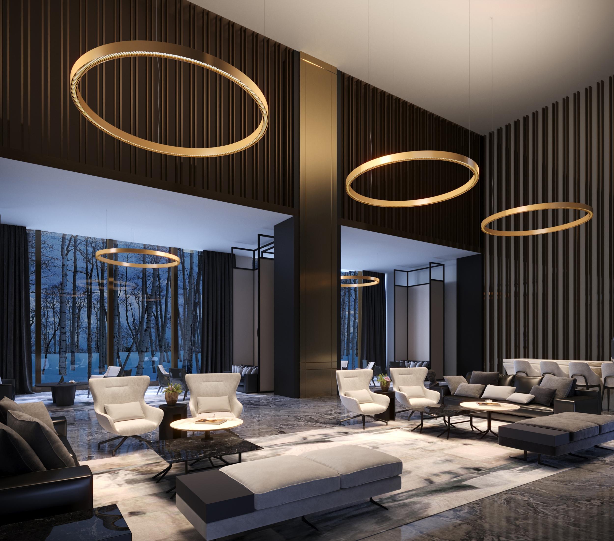 Ring pendant lighting installed in a modern office lobby.