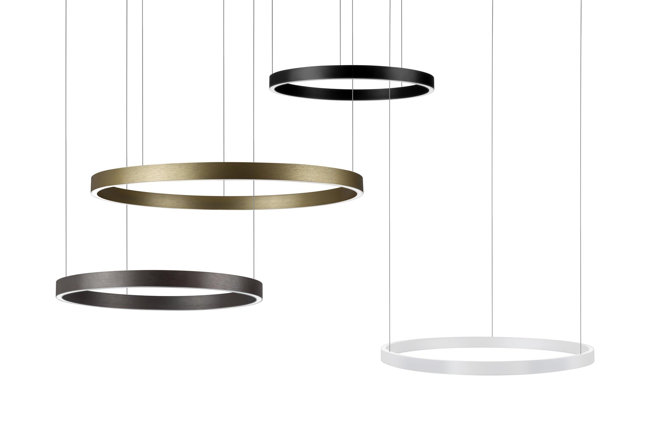 Ring pendant lighting family featuring multiple diameters and configurations.