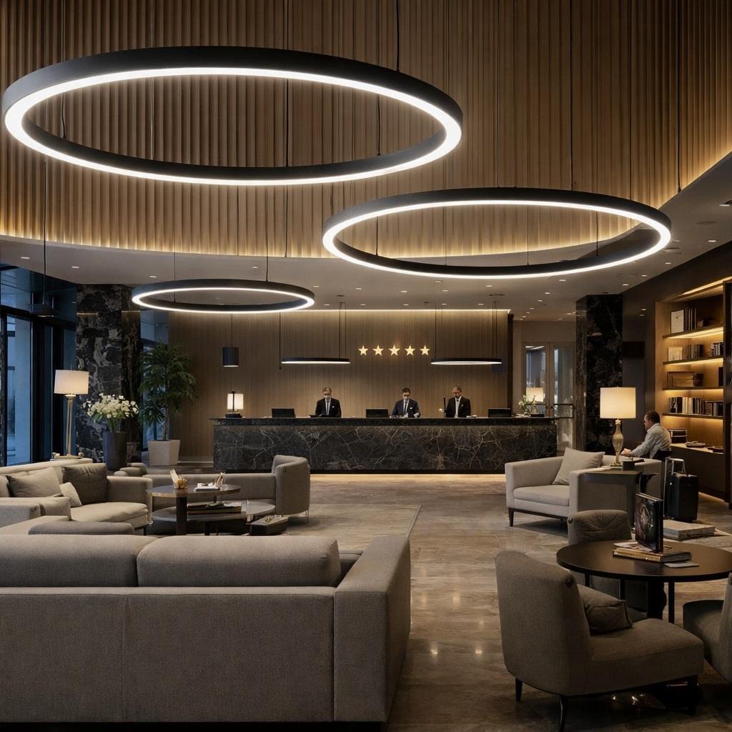 Ring pendant lighting installed in a modern office lobby.