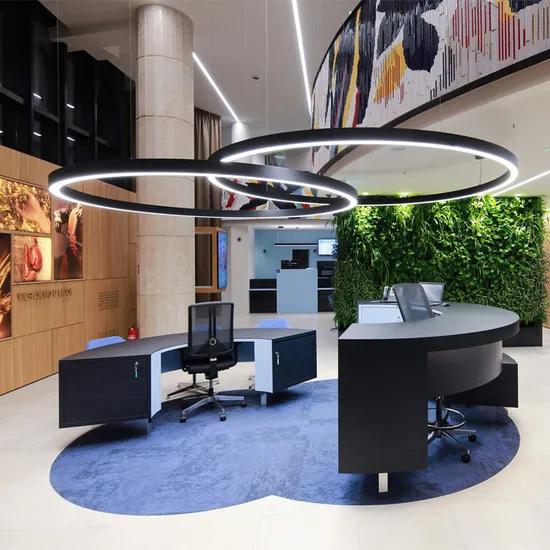 Ring pendant lighting installed in a modern office lobby.