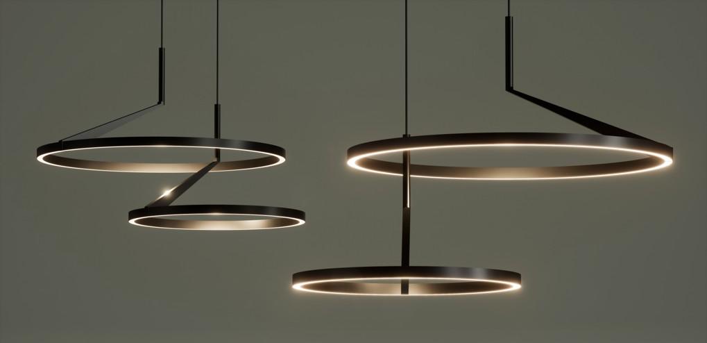 Ring pendant lighting family featuring multiple diameters and configurations.