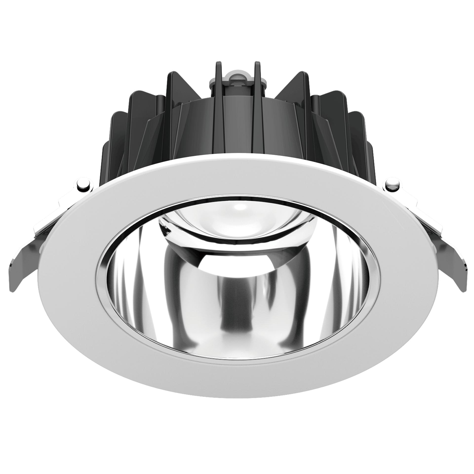 Front view of a high output architectural recessed downlight.