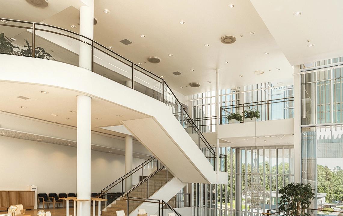 High output recessed downlights illuminating a commercial atrium.