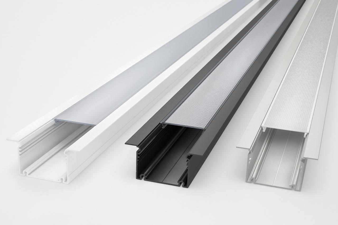 Recessed LED profile family with size and profile variations.