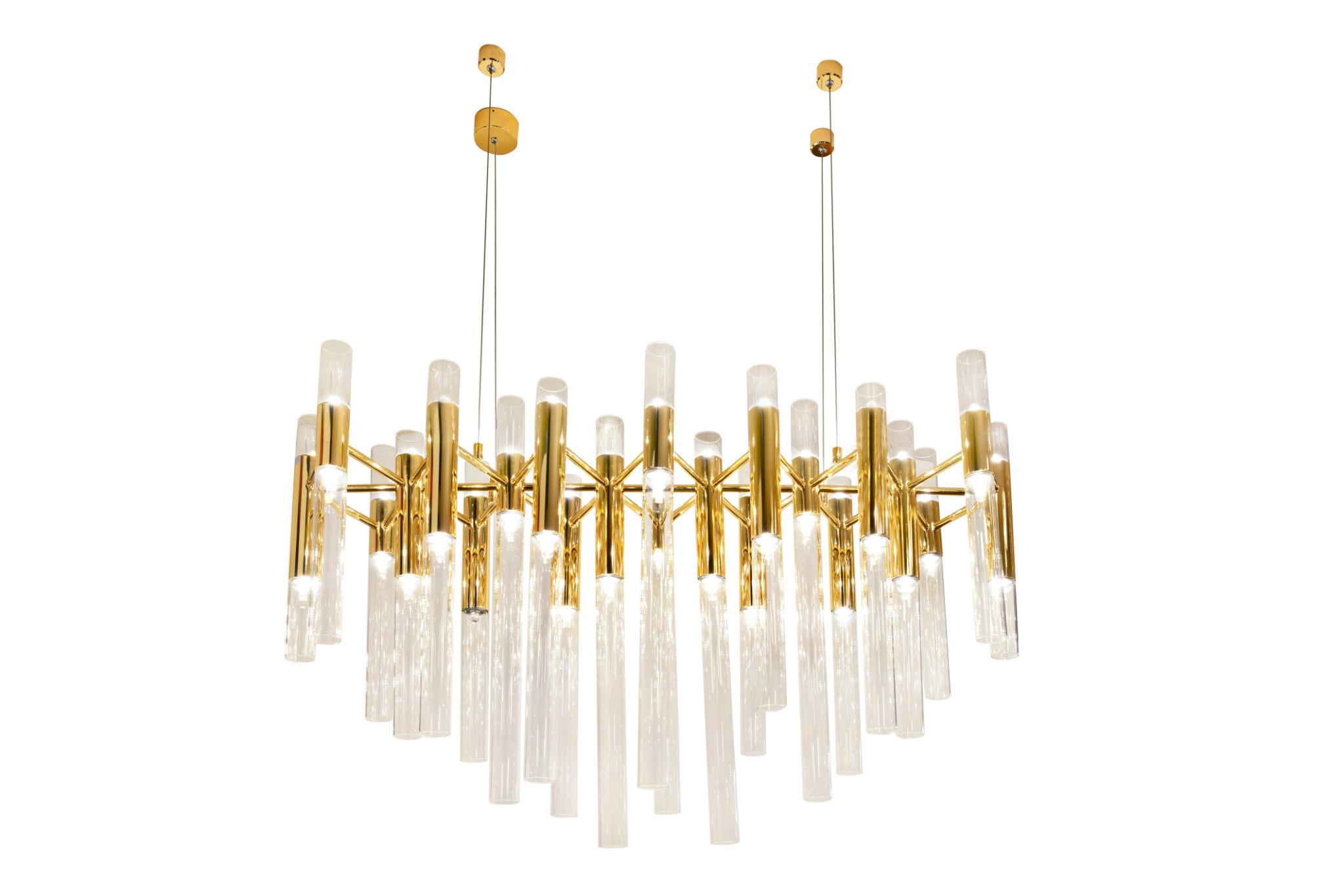 Modern designer chandelier photographed on a clean white studio background.