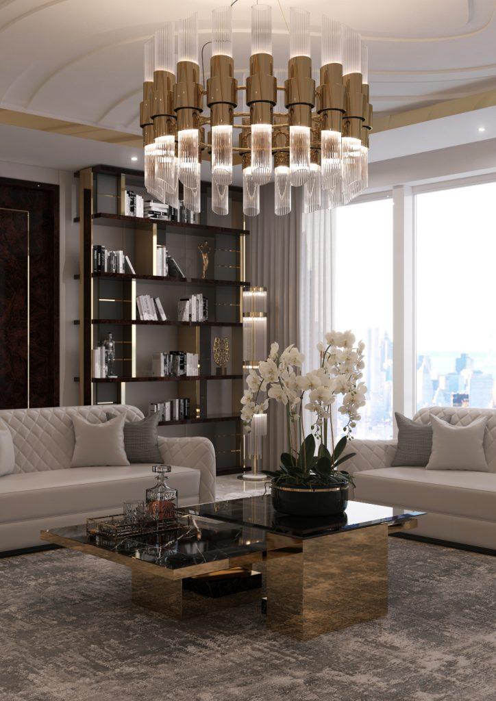 Modern chandelier installed in a premium hospitality interior.