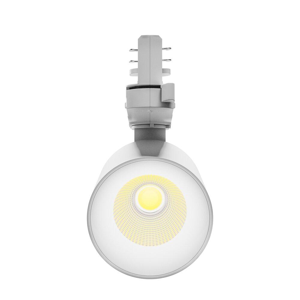 Front view of a compact architectural track spotlight.