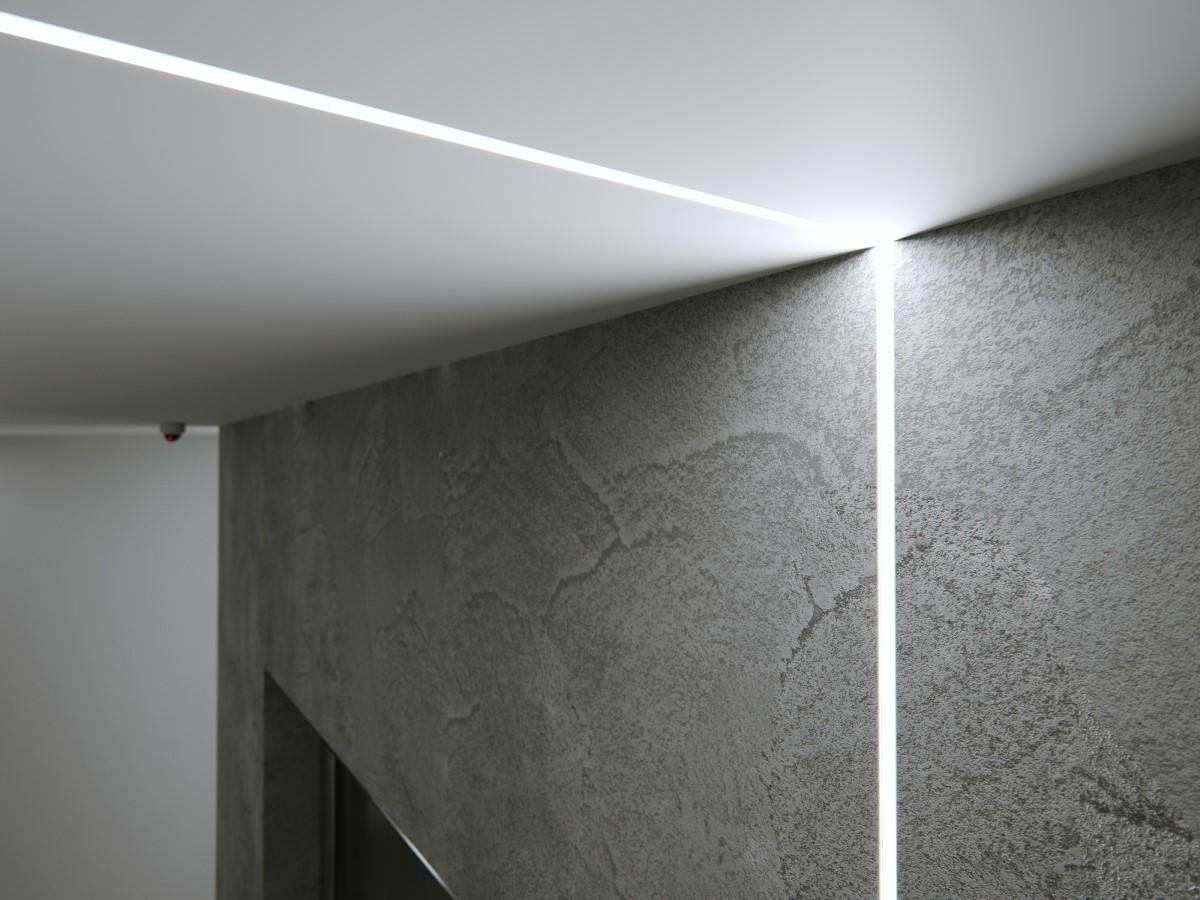 Drywall LED profile seamlessly integrated into a contemporary gypsum ceiling and wall.