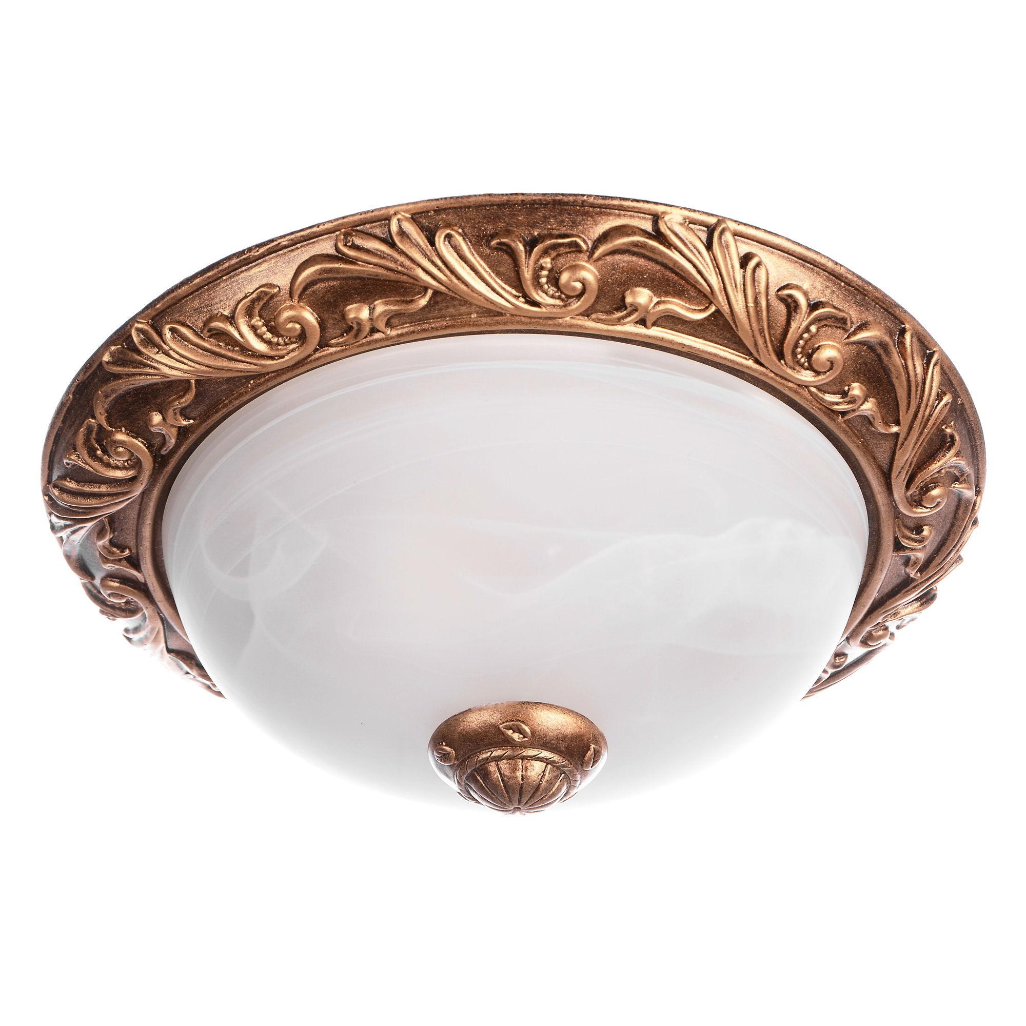 Classic brass ceiling light with frosted glass and traditional decorative detailing on a white background