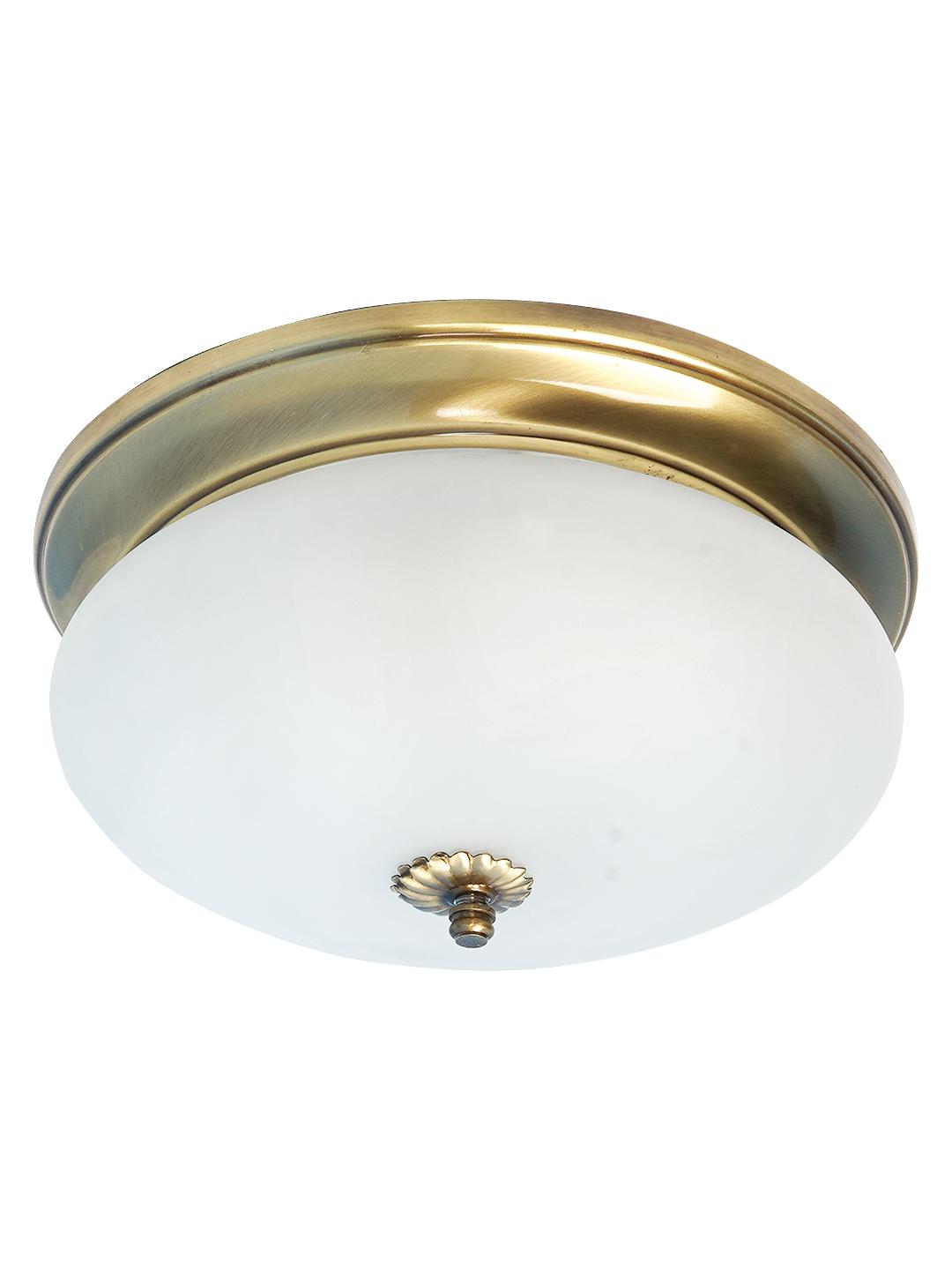 Classic brass ceiling light with frosted glass and traditional decorative detailing on a white background