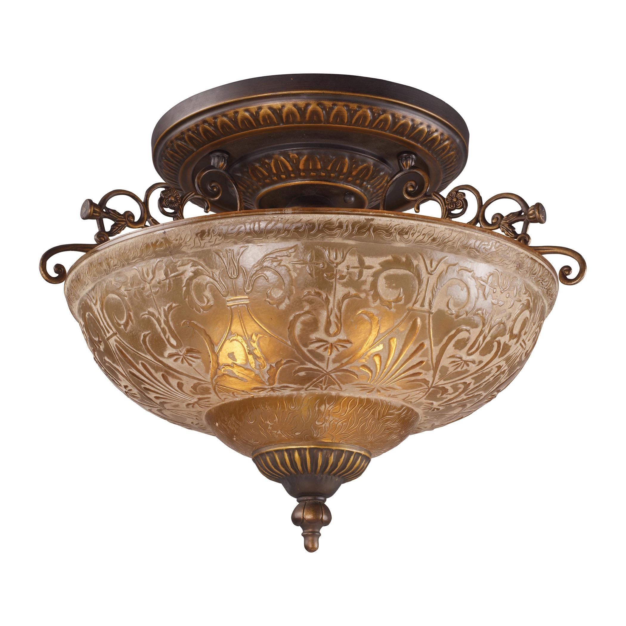 Classic ceiling light with traditional scroll metal detailing shown from the front on a white background