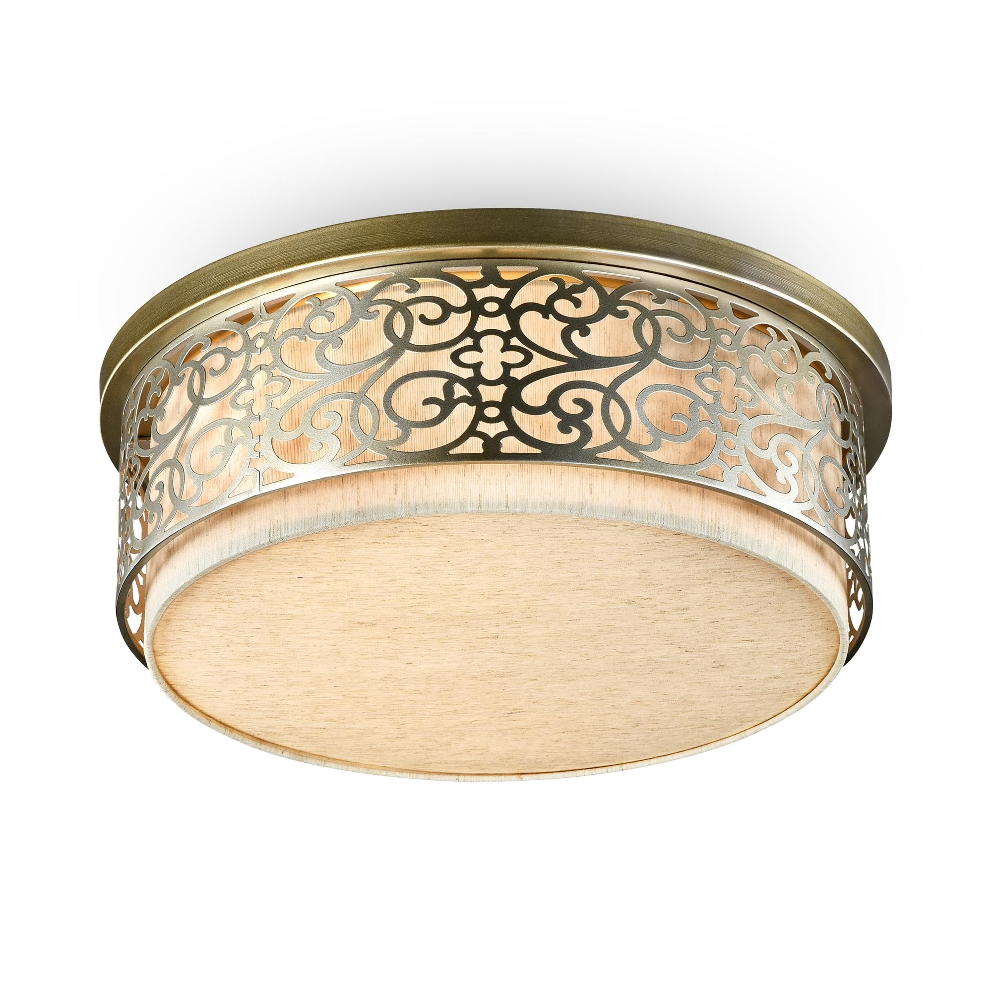 Classic ceiling light with an elegant fabric shade and traditional decorative structure on a white background