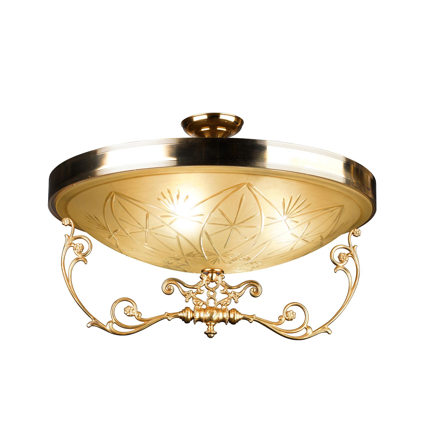 Classic ceiling light with traditional scroll metal detailing shown from the front on a white background
