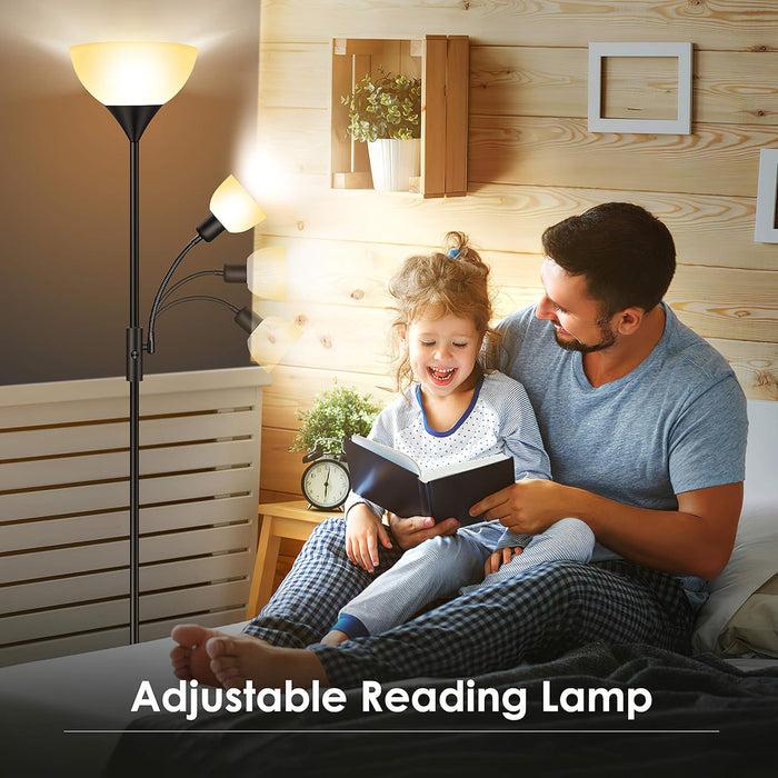 Reading floor lamp positioned beside a lounge chair in a contemporary residential reading corner, providing comfortable focused illumination for extended reading sessions.