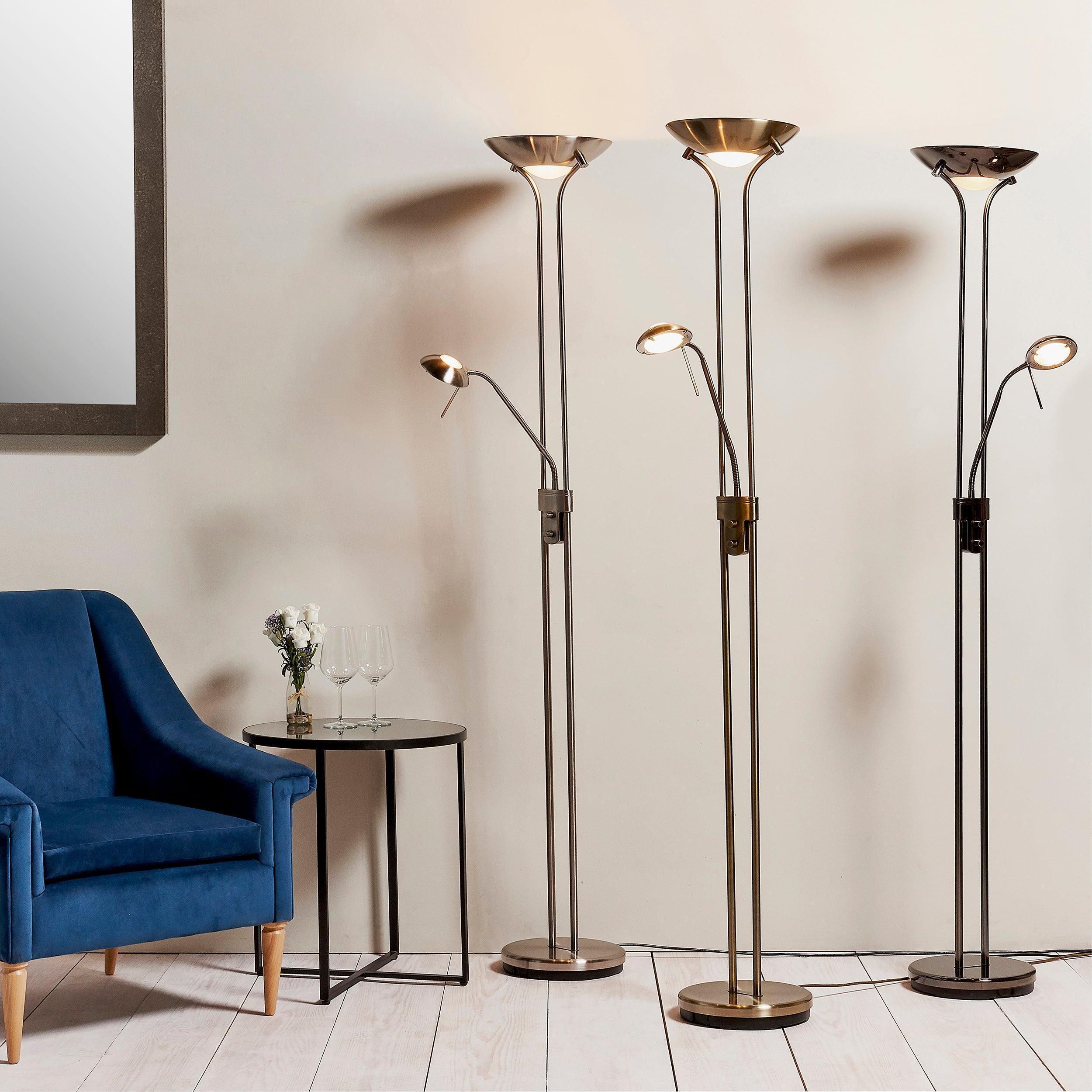 Collection of reading floor lamps featuring adjustable heads, integrated LED technology and premium decorative finishes.