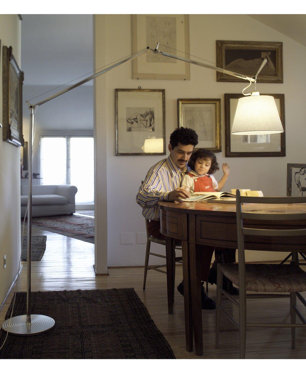 Reading floor lamp positioned beside a lounge chair in a contemporary residential reading corner, providing comfortable focused illumination for extended reading sessions.