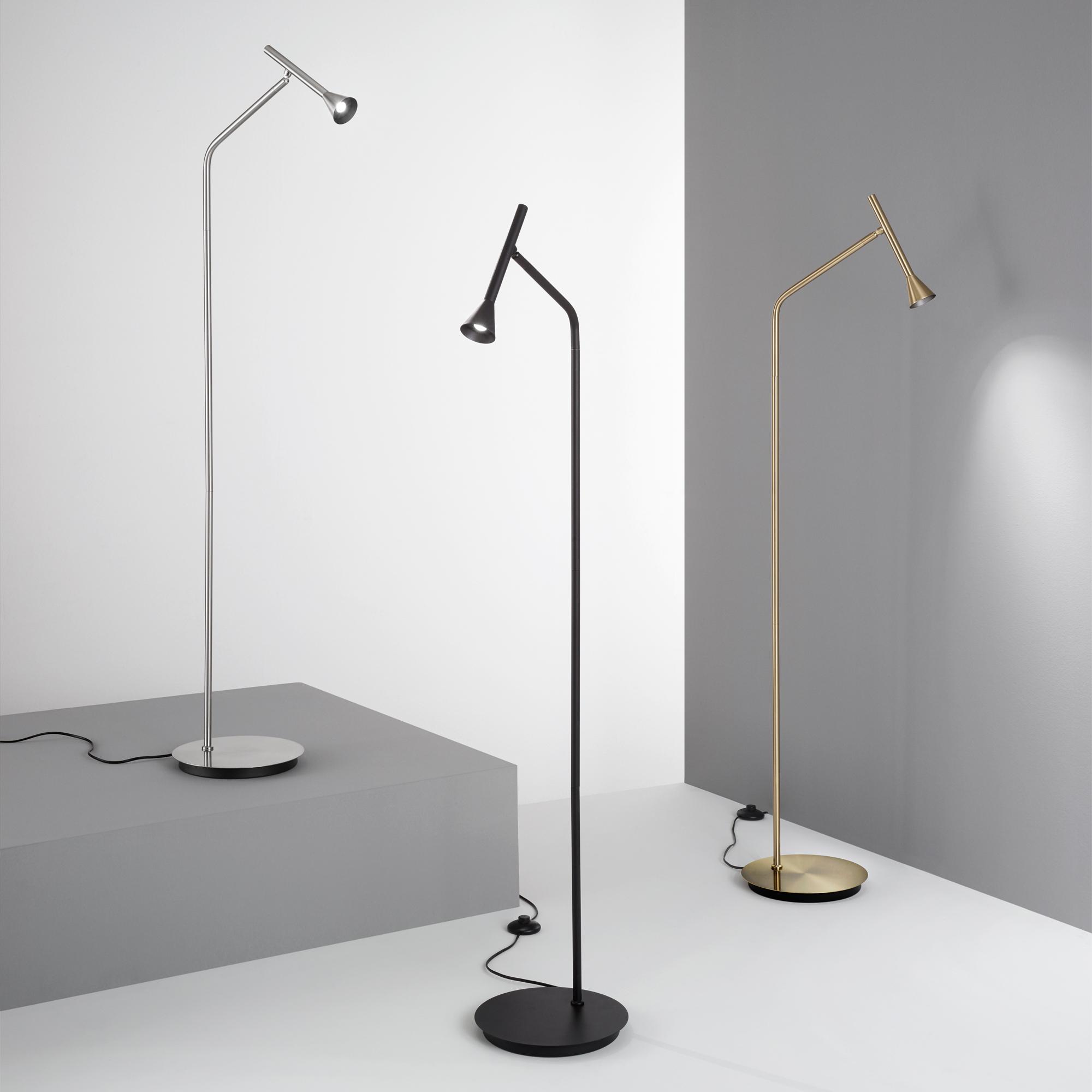 Collection of reading floor lamps featuring adjustable heads, integrated LED technology and premium decorative finishes.