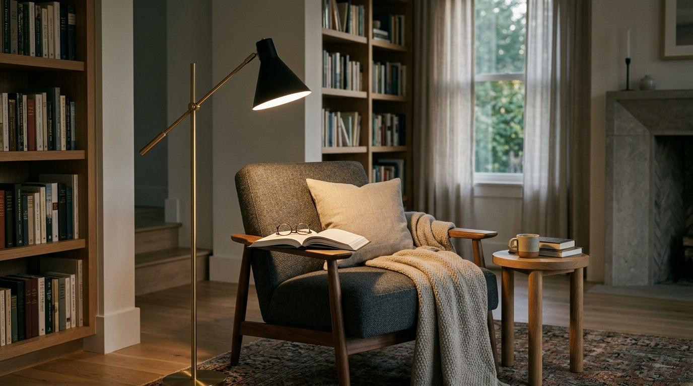 Reading floor lamp positioned beside a lounge chair in a contemporary residential reading corner, providing comfortable focused illumination for extended reading sessions.