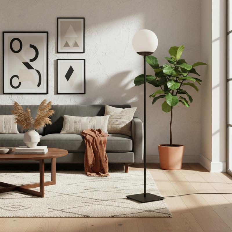 Globe floor lamp positioned beside a seating area in a luxury hotel lounge, creating soft ambient architectural lighting.