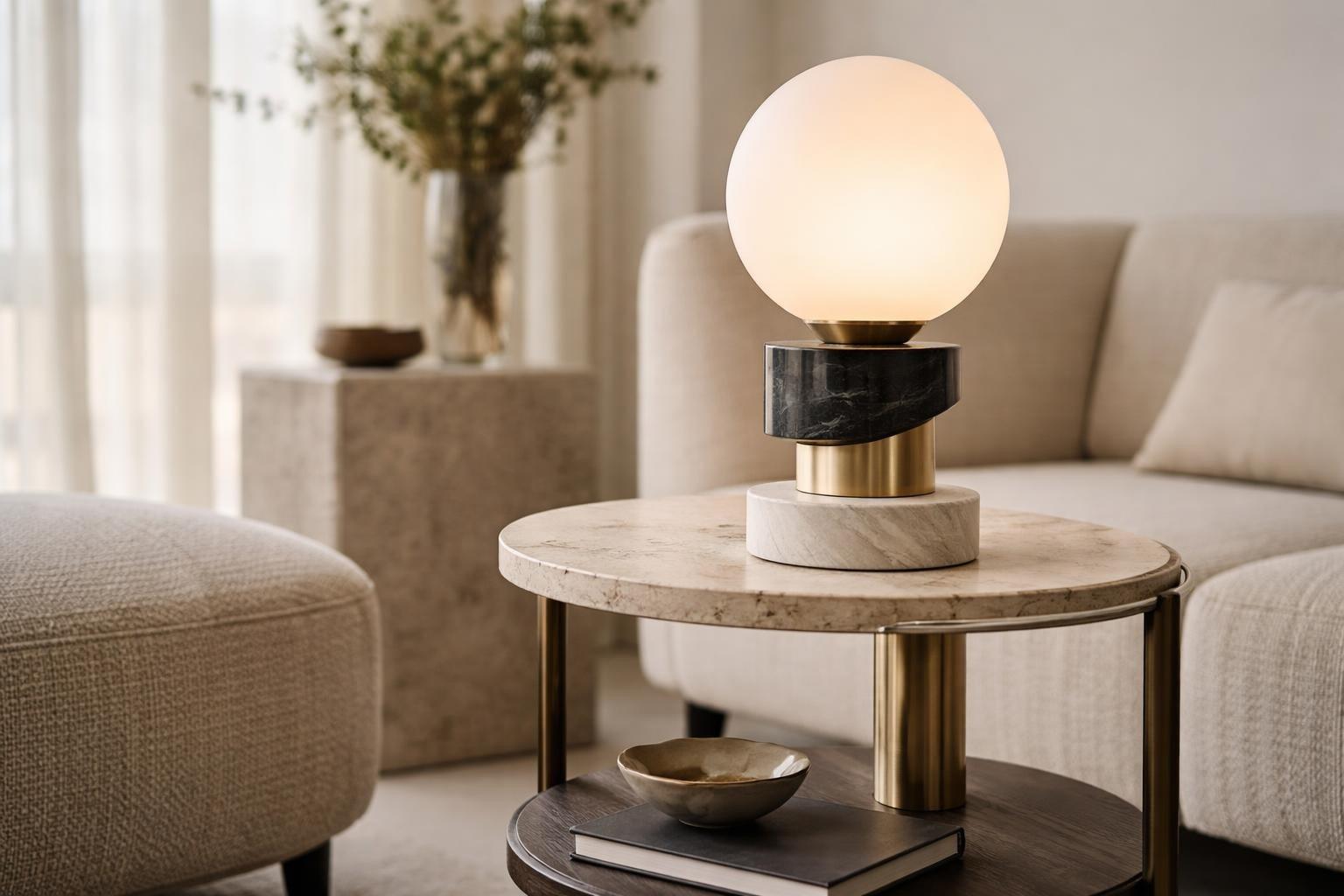Marble table lamp placed on a bedside table in a luxury hotel suite creating warm ambient lighting and refined architectural elegance.