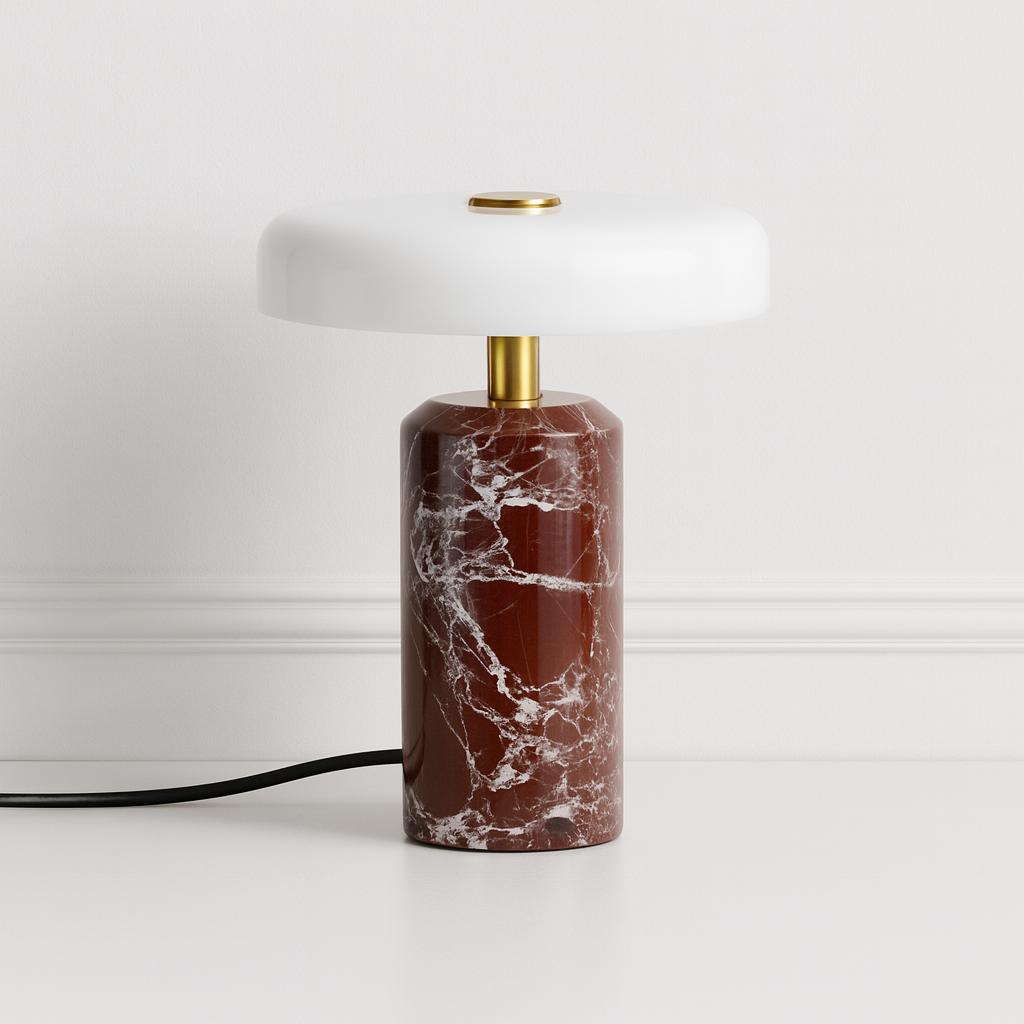Front view of a marble table lamp showcasing elegant proportions, luxurious materials and refined detailing.