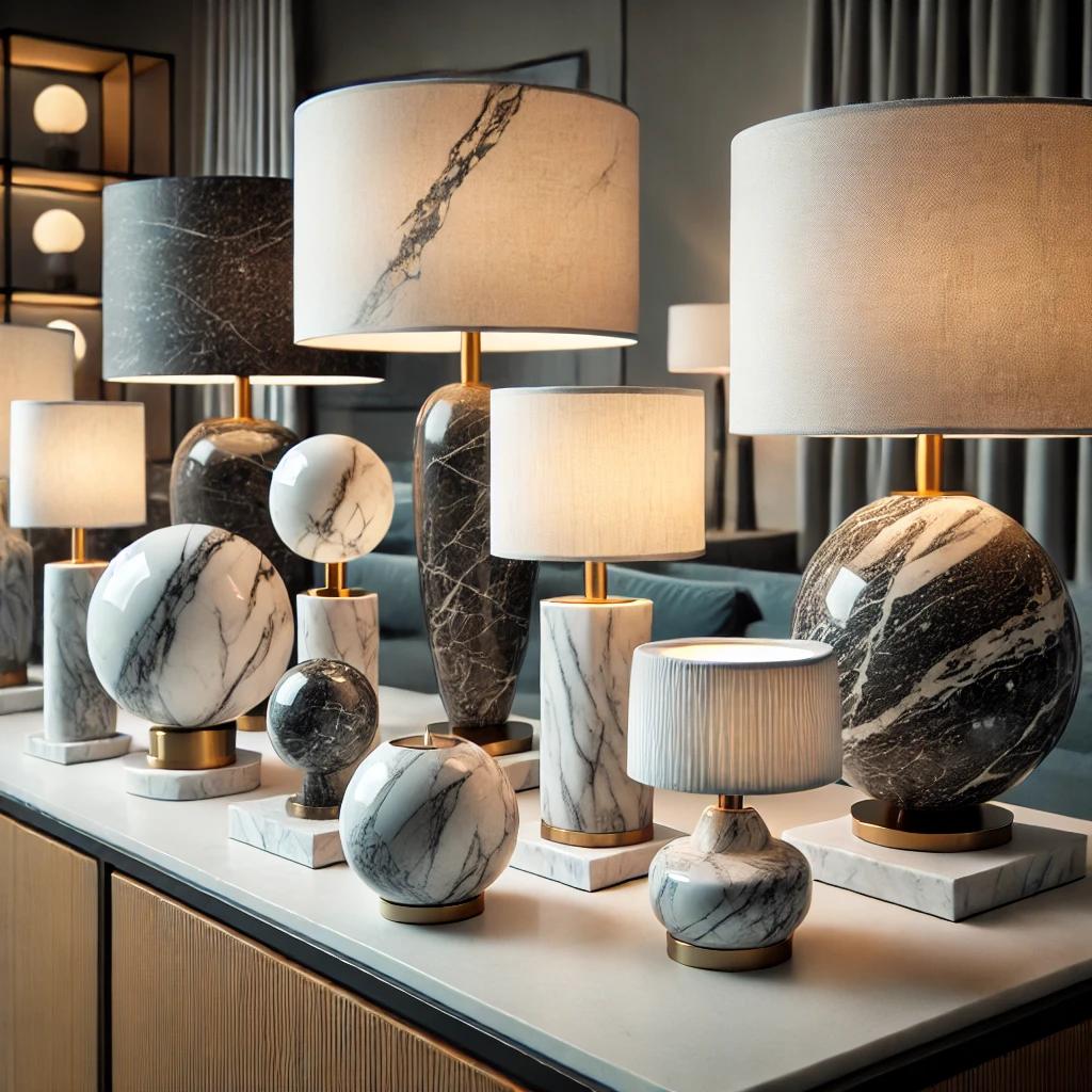 Collection of marble table lamps featuring premium natural stone bases and sophisticated contemporary designs.