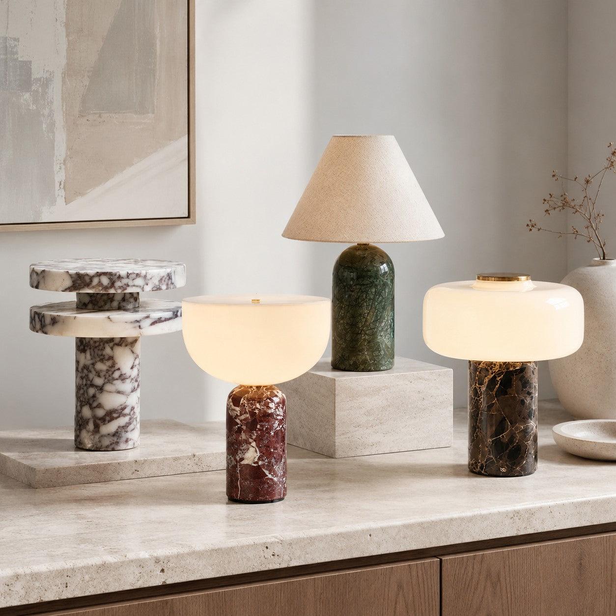 Collection of marble table lamps featuring premium natural stone bases and sophisticated contemporary designs.