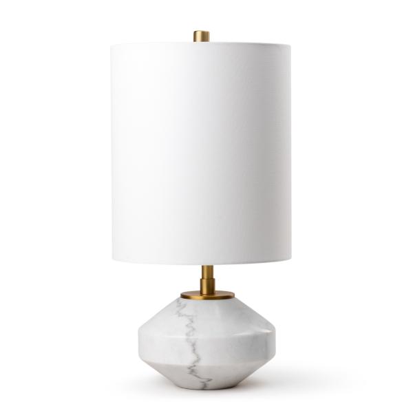 Marble table lamp photographed on a clean white background highlighting the natural stone base and premium finishes.
