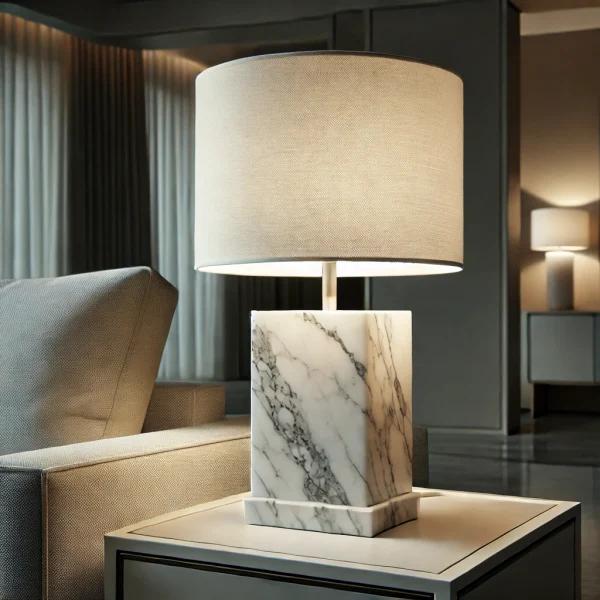 Marble table lamp placed on a bedside table in a luxury hotel suite creating warm ambient lighting and refined architectural elegance.