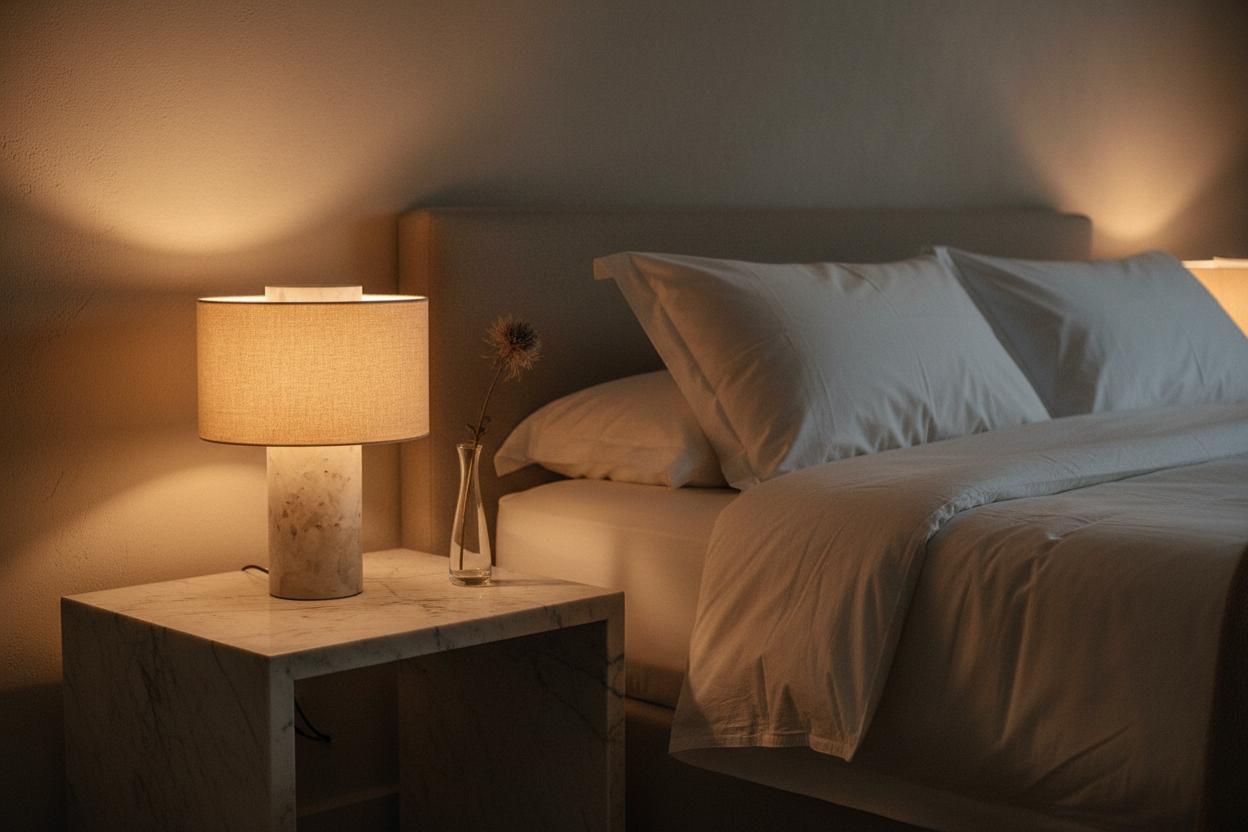 Marble table lamp placed on a bedside table in a luxury hotel suite creating warm ambient lighting and refined architectural elegance.