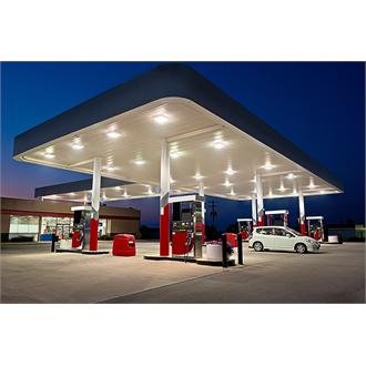 LED canopy lights installed beneath a contemporary canopy structure.