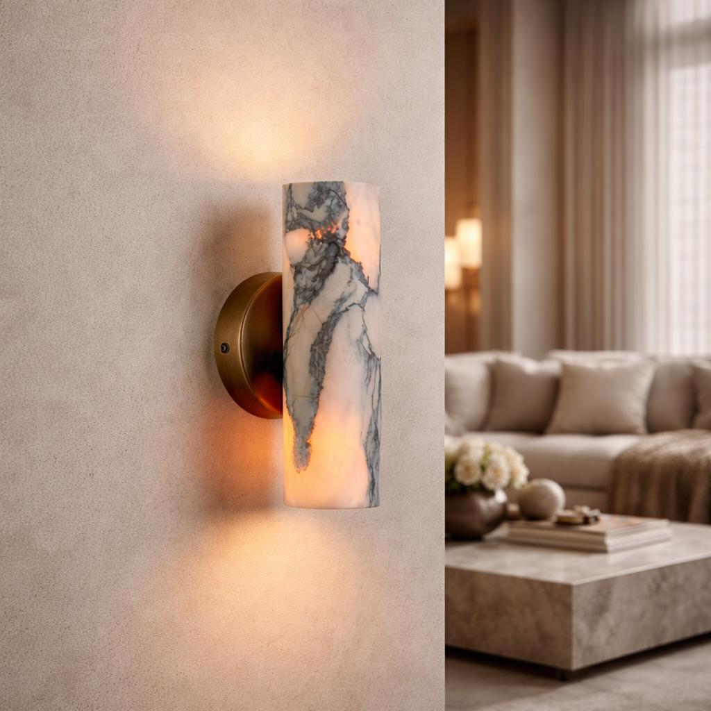 Luxury marble wall lamp installed in an elegant hotel corridor, creating warm architectural ambient lighting.