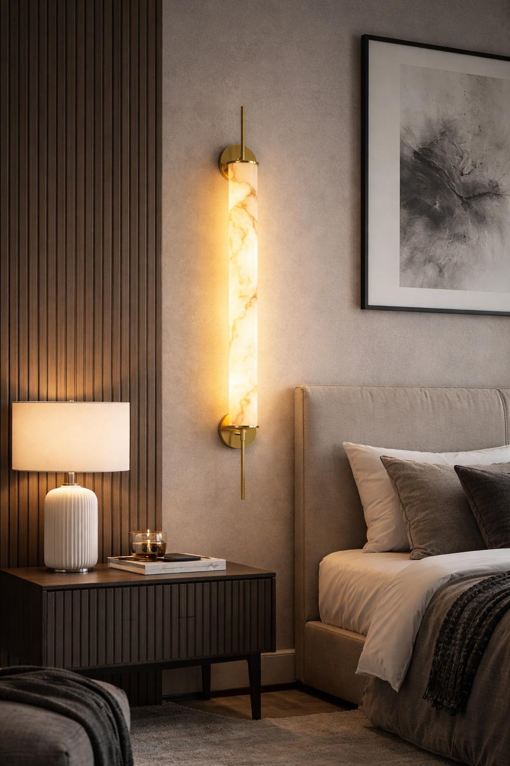 Luxury marble wall lamp installed in an elegant hotel corridor, creating warm architectural ambient lighting.