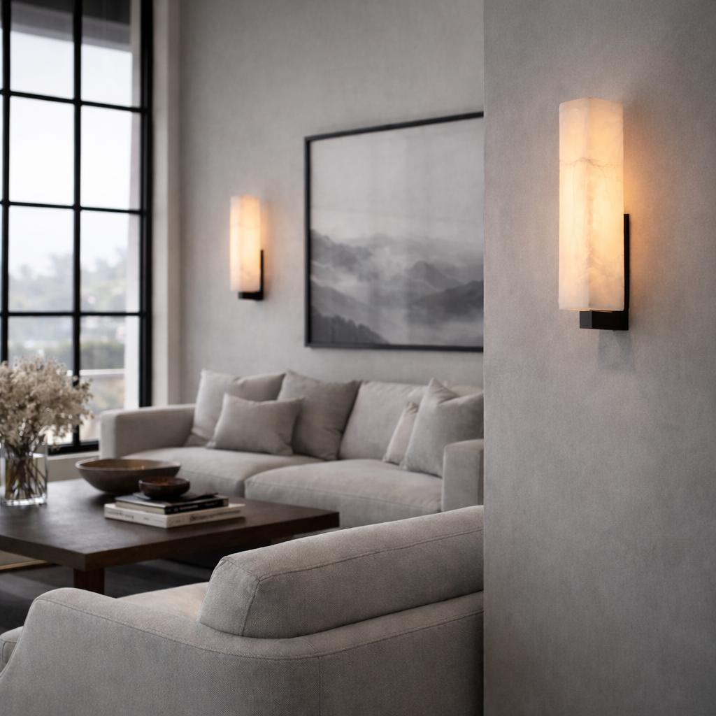 Luxury marble wall lamp installed in an elegant hotel corridor, creating warm architectural ambient lighting.