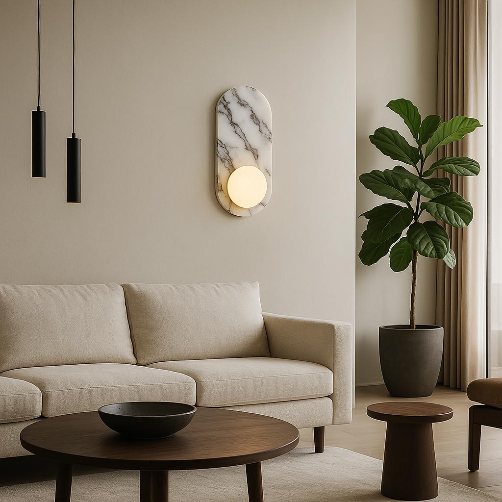 Luxury marble wall lamp installed in an elegant hotel corridor, creating warm architectural ambient lighting.