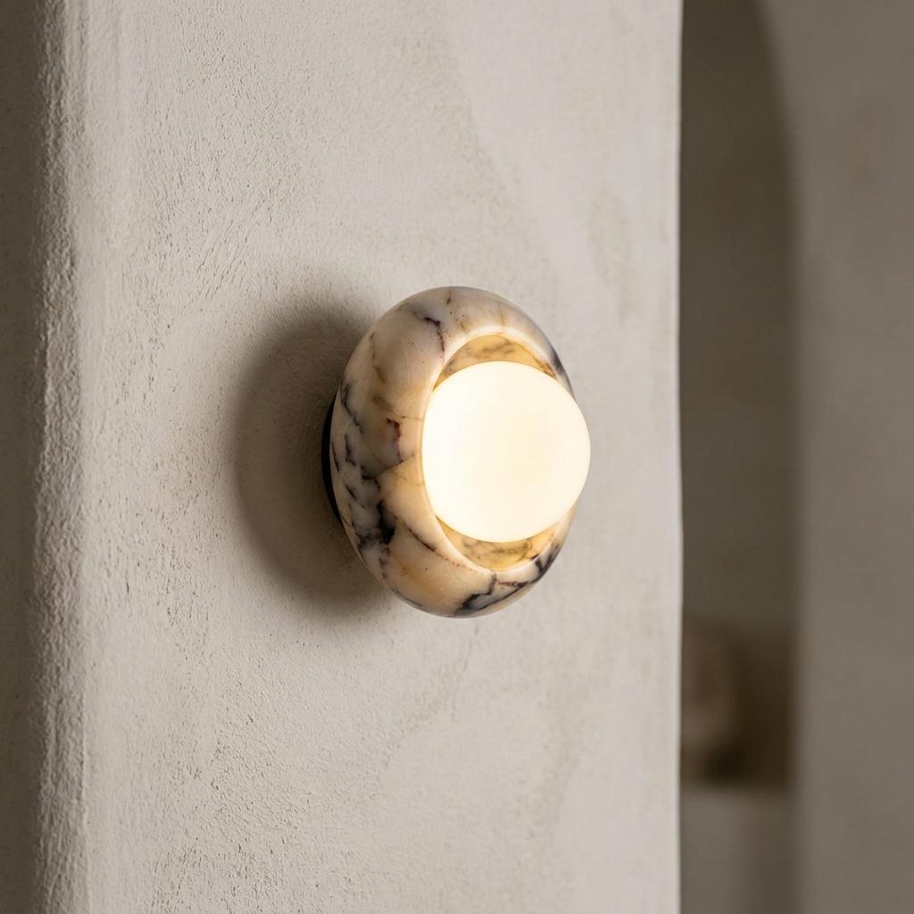 Luxury marble wall lamp installed in an elegant hotel corridor, creating warm architectural ambient lighting.