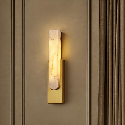Luxury marble wall lamp installed in an elegant hotel corridor, creating warm architectural ambient lighting.