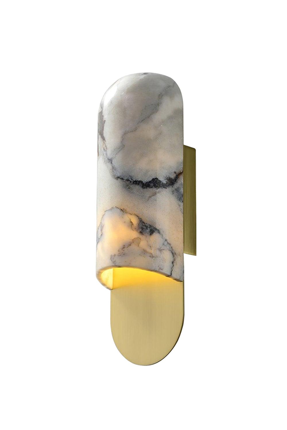 Front view of a luxury marble wall lamp highlighting the unique stone veining and refined architectural design.